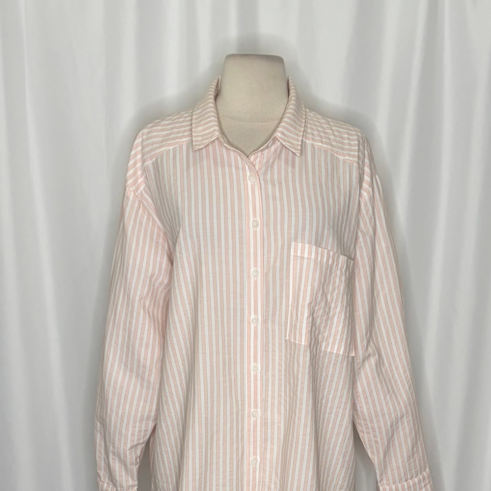 By ANTHROPOLOGIE Longline Button Down Pink White Stripe Shirt Buttondown Large - Picture 4 of 16
